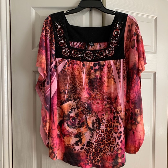 new directions Tops - New Directions Animal Print Beaded Mixed Media Top